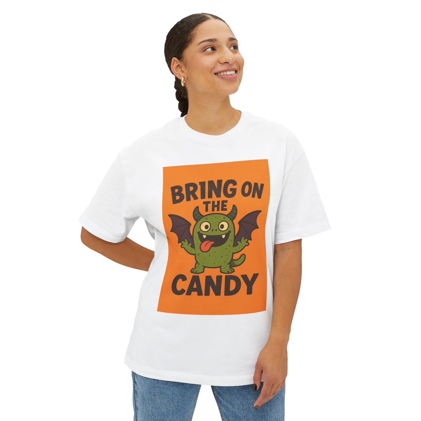 Halloween Oversized Tee, Unisex Boxy T-Shirt for Trick-or-Treating, Funny Candy Shirt, Gifts for Kids and Adults, Spooktacular Party Wear