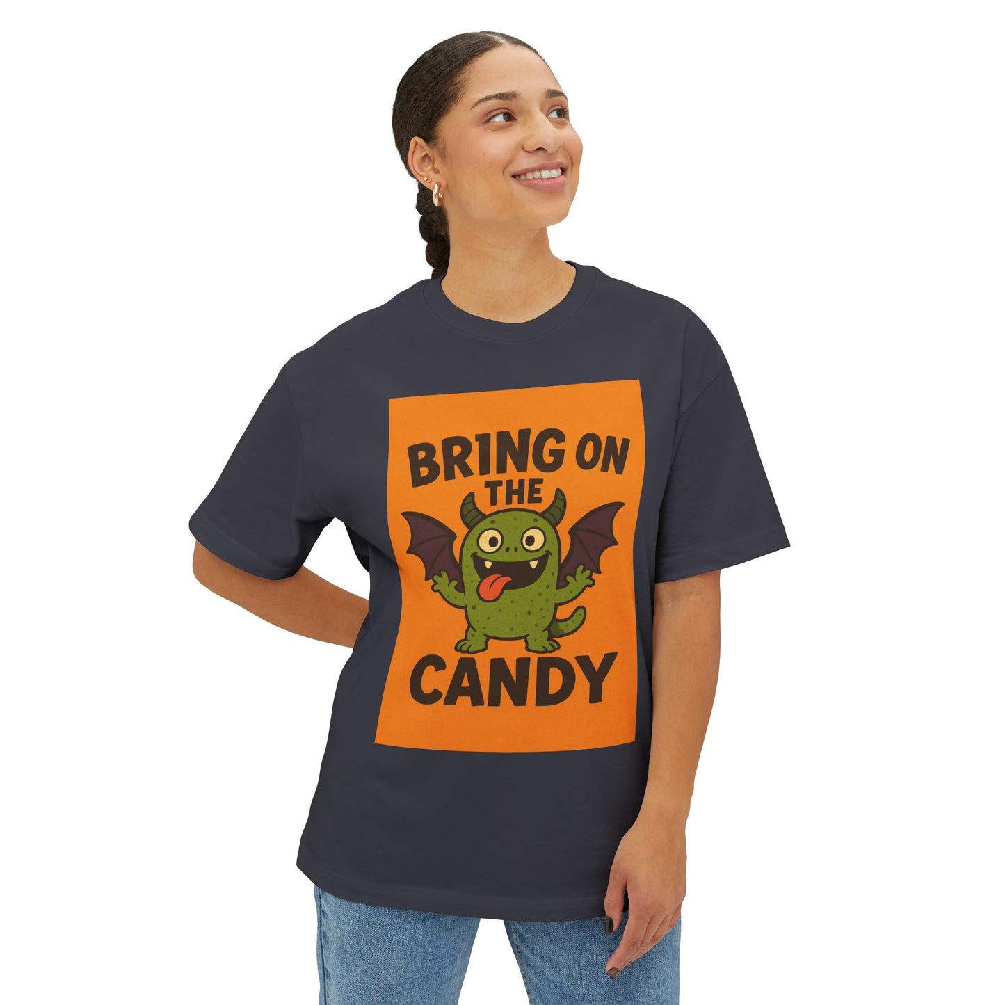 Halloween Oversized Tee, Unisex Boxy T-Shirt for Trick-or-Treating, Funny Candy Shirt, Gifts for Kids and Adults, Spooktacular Party Wear