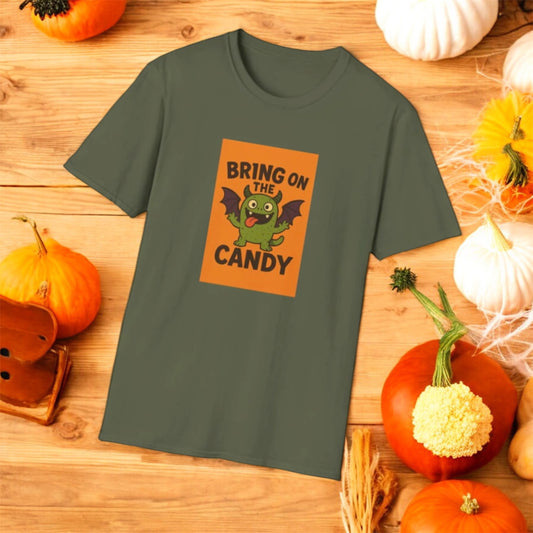 Halloween Fun Unisex T-Shirt - Bring on the Candy Monster, Spooky Vibes, Kid-Friendly Outfit, Costume Party Tee, Trick-or-Treat Gear